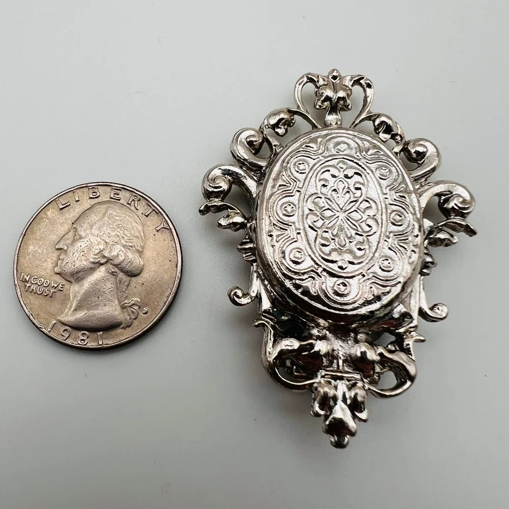 Vintage Ornate Scroll Brooch Scarf Clip Dual Purpose Silver Tone Victorian Style